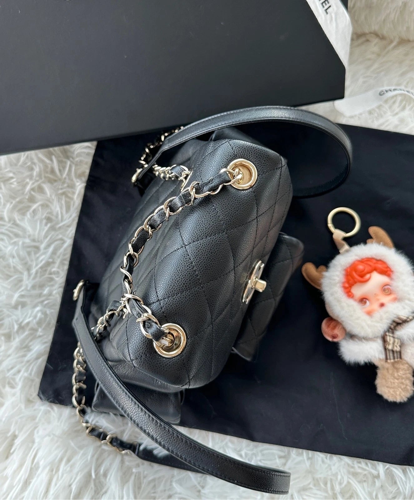 CHANEL Large Black Gold Grained Leather Backpack For Women