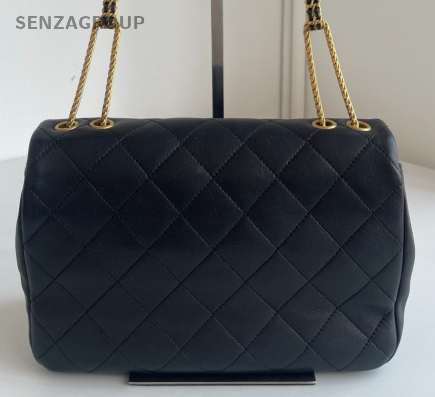 Chanel 22A Diamond Calfskin Chain Shoulder Bag Black Gold Women Classic