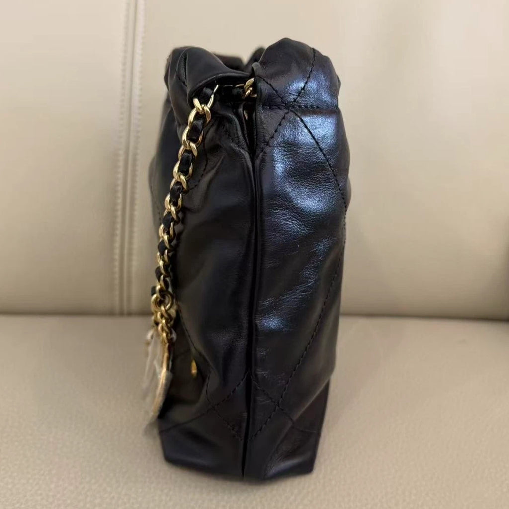 CHANEL 22 Bag Mini Nylon Black Gold Pearl Chain Tote For Women