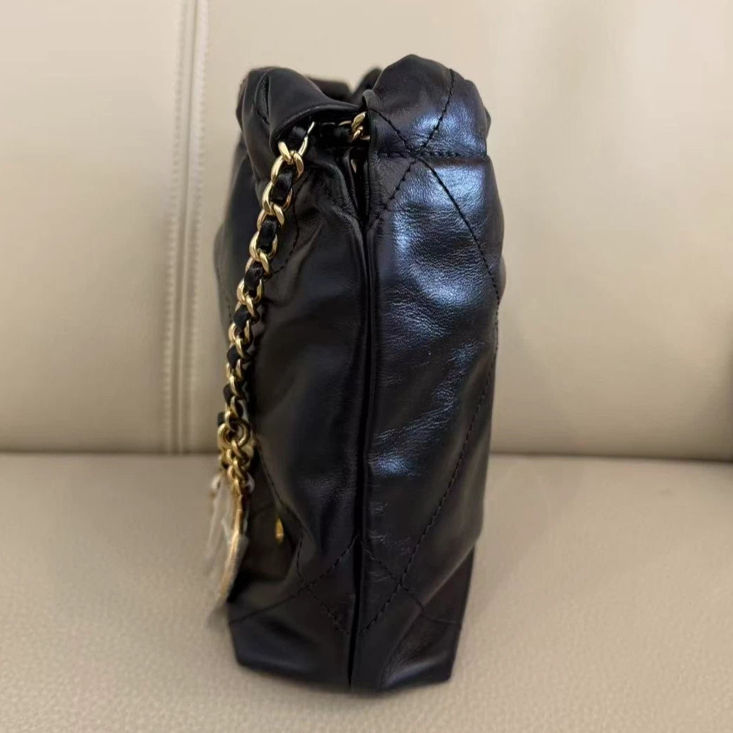 CHANEL 22 Bag Mini Nylon Black Gold Pearl Chain Tote For Women