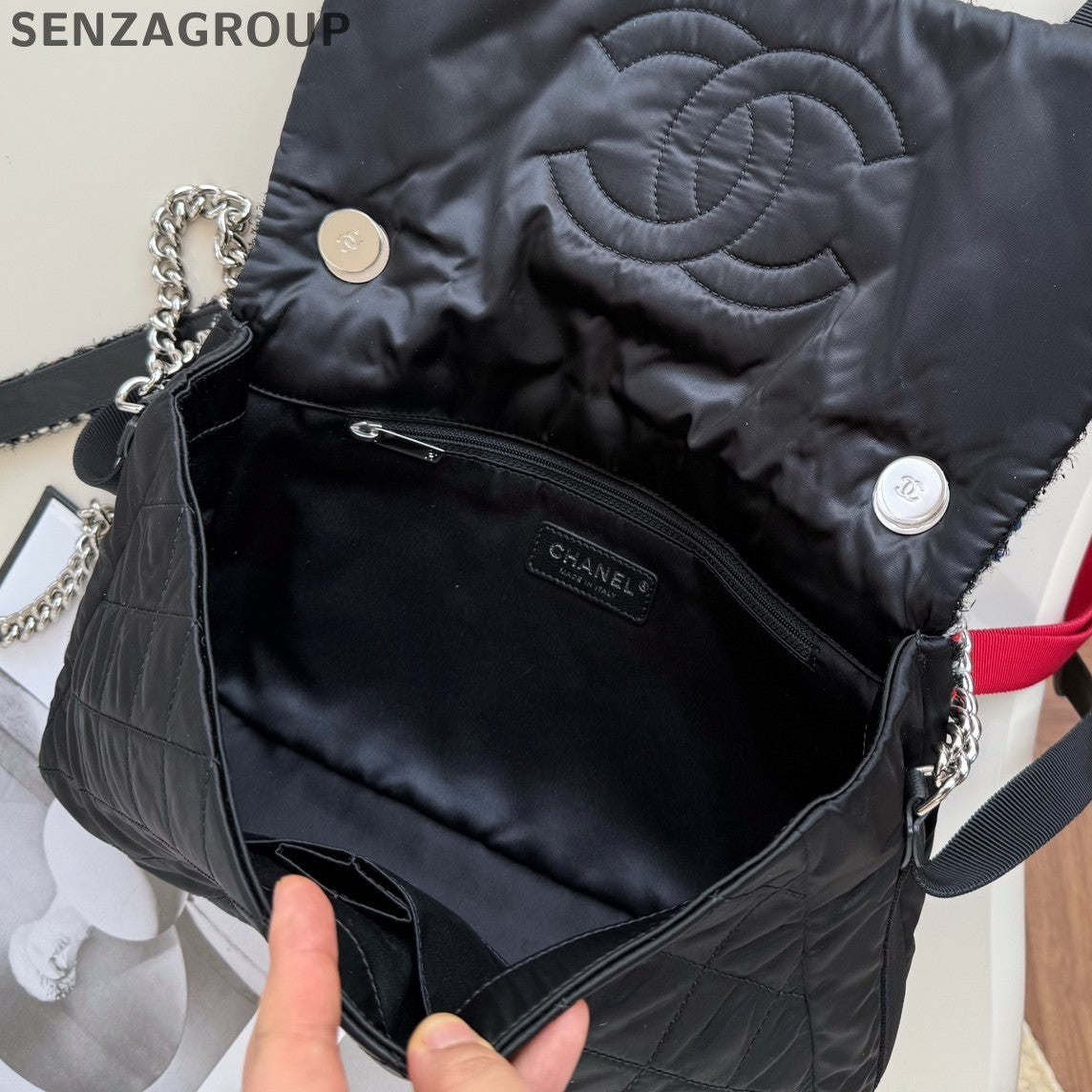 Chanel Nylon Chain Top Handle Shoulder Crossbody Black Silver Women Classic