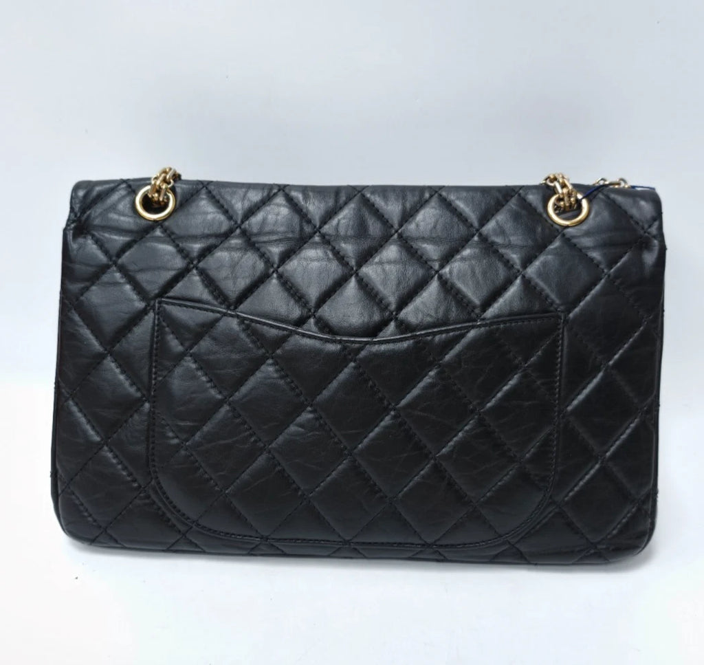 Chanel 2.55 GM Calfskin Chain Shoulder Bag Crossbody Deep Blue Gold Women