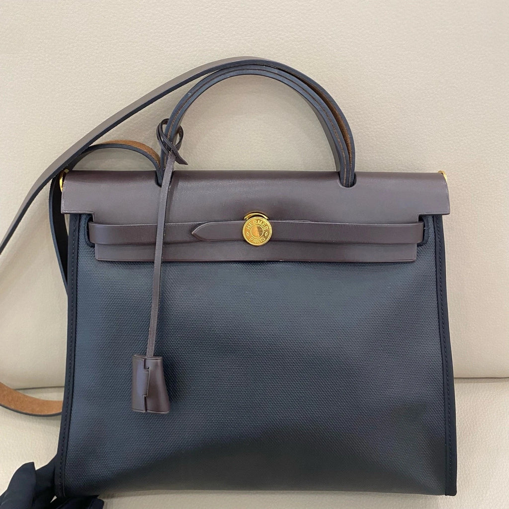 Hermes Herbag31 Women Canvas Tote Handbag Black Brown