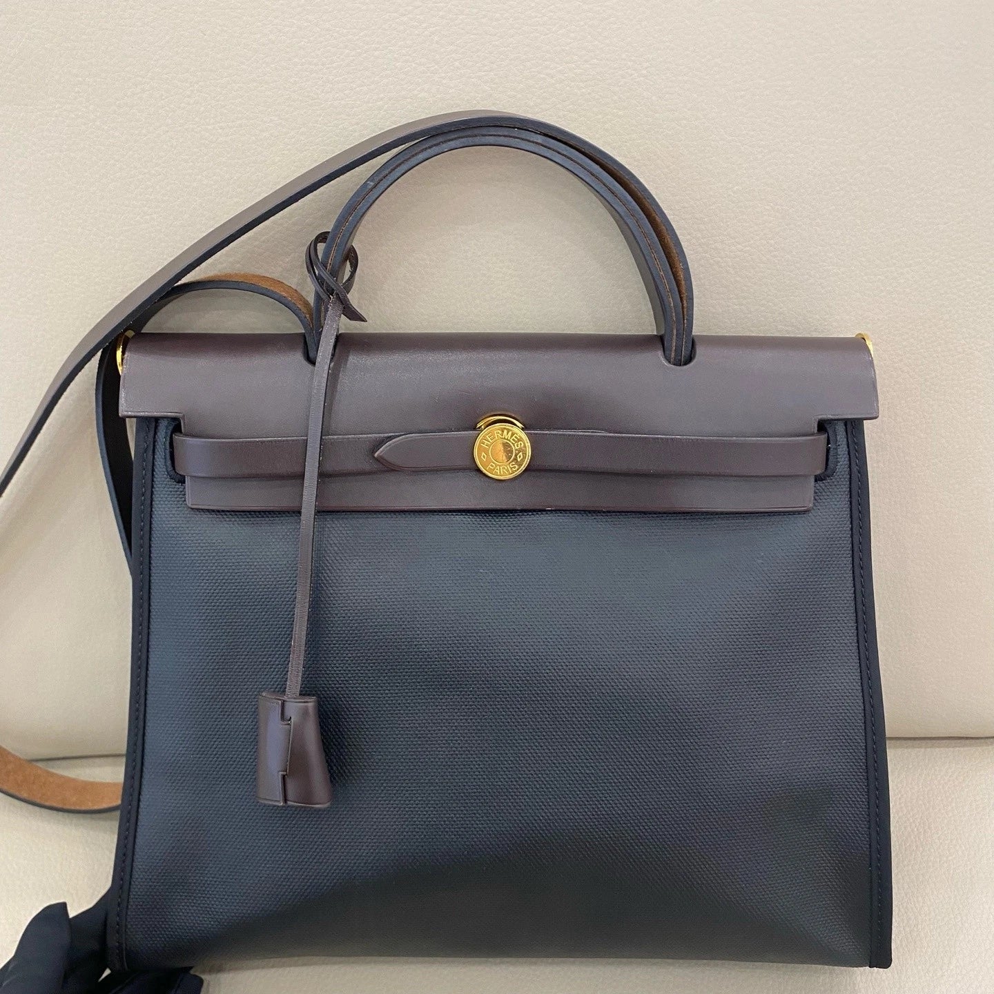 Hermes Herbag31 Women Canvas Tote Handbag Black Brown