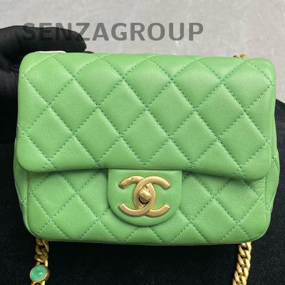 Chanel Classic Flap Square Mini Bag Green Aged Gold Chain Shoulder Crossbody