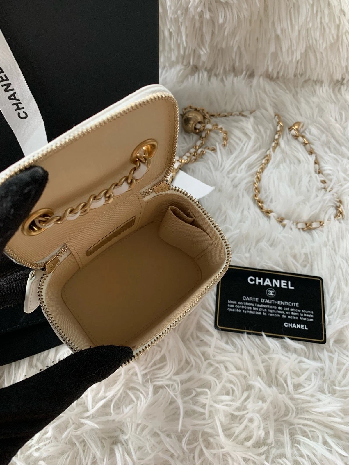 CHANEL White Lambskin Gold Ball Mini Box Crossbody Bag For Women