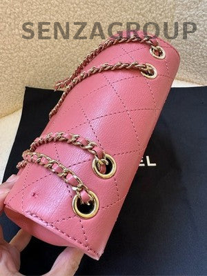 Chanel Pink Calfskin Gold Quilted Chain Shoulder Bag Women's Fashion