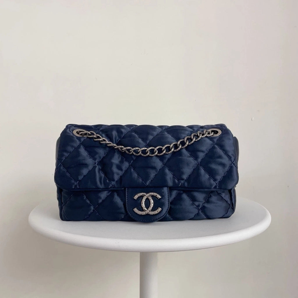 Chanel Classic Flap CF Satin Shoulder &amp; Crossbody Bag Deep Blue Classic