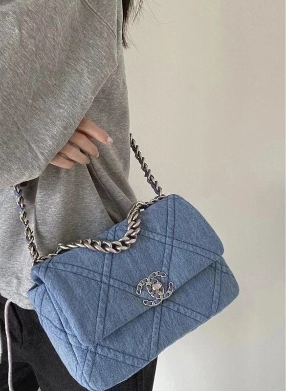 Chanel 19Bag Small Denim Silver Chain Shoulder Bag For Women
