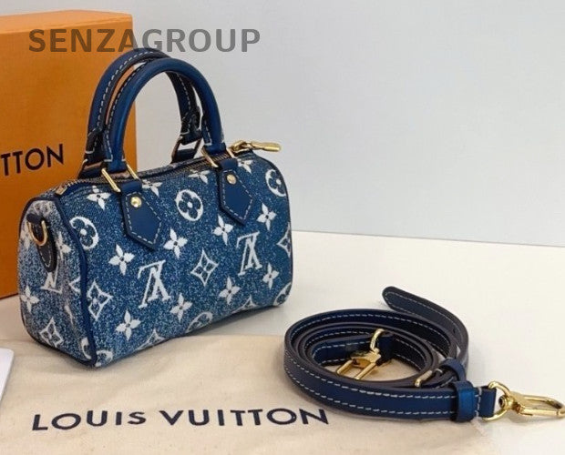 Louis Vuitton Speedy Nano Denim Top Handle Shoulder Crossbody Bag Blue Women