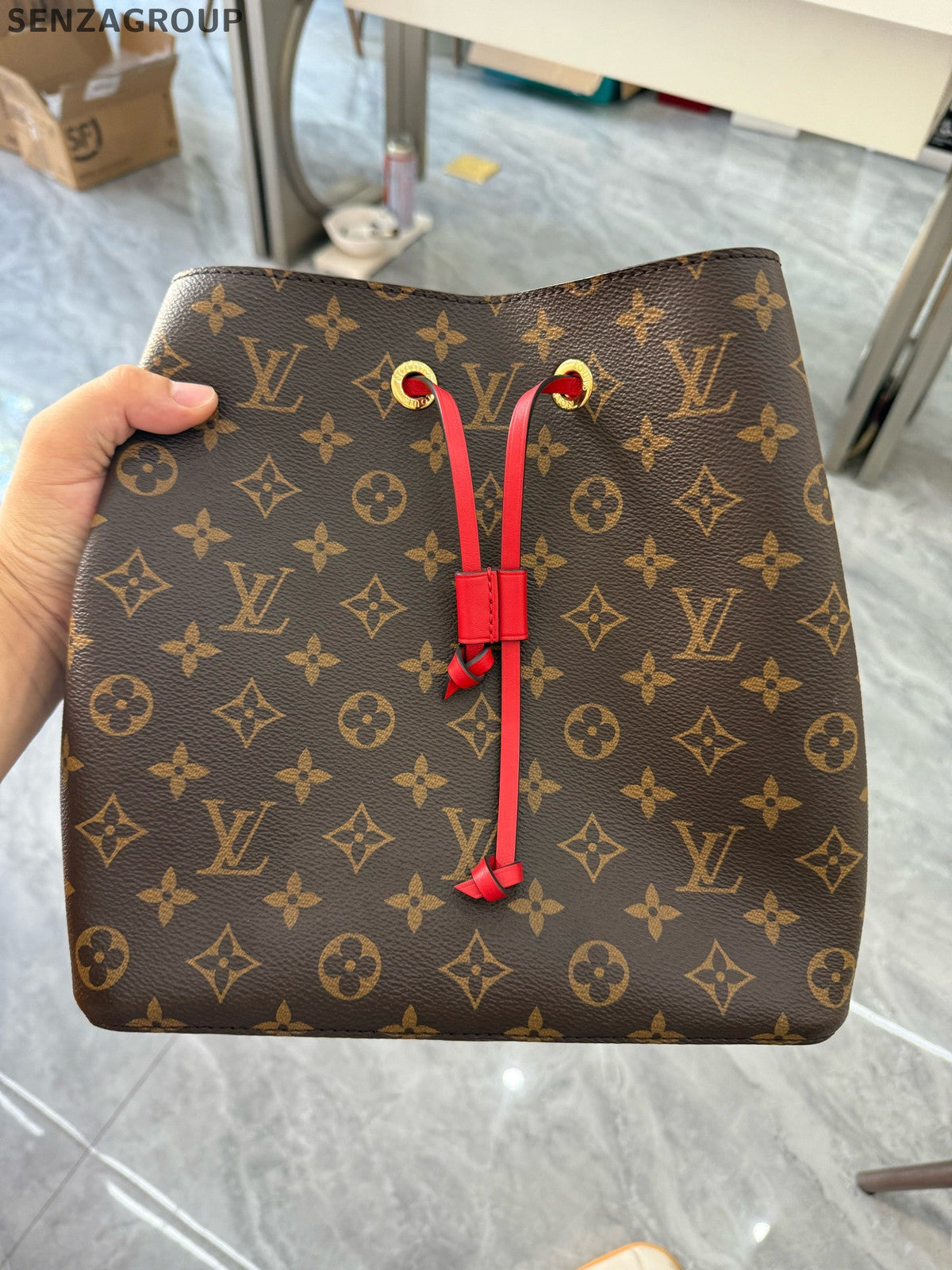 Louis Vuitton Monogram Red Drawstring Bucket Shoulder Bag Classic Women