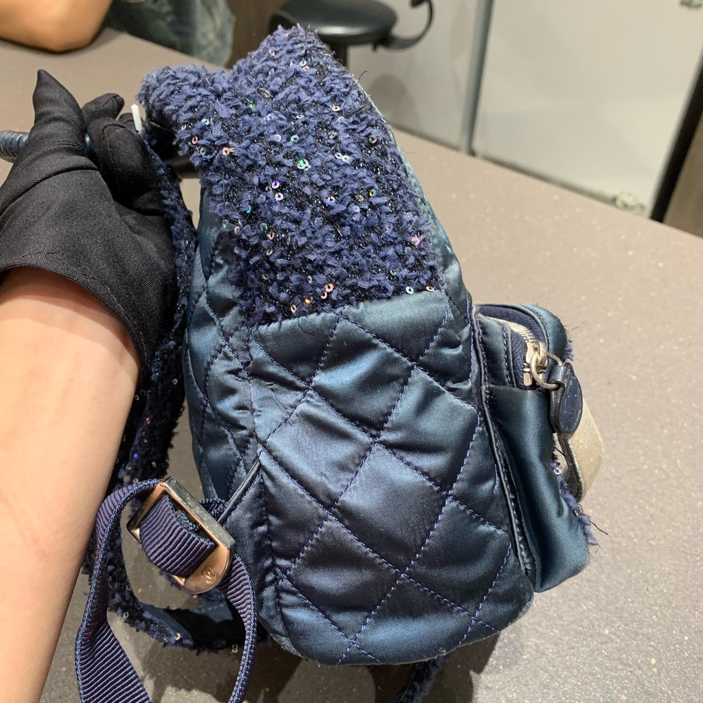 Chanel Classic Black Silver Sequin Tweed Backpack Quilted Pattern