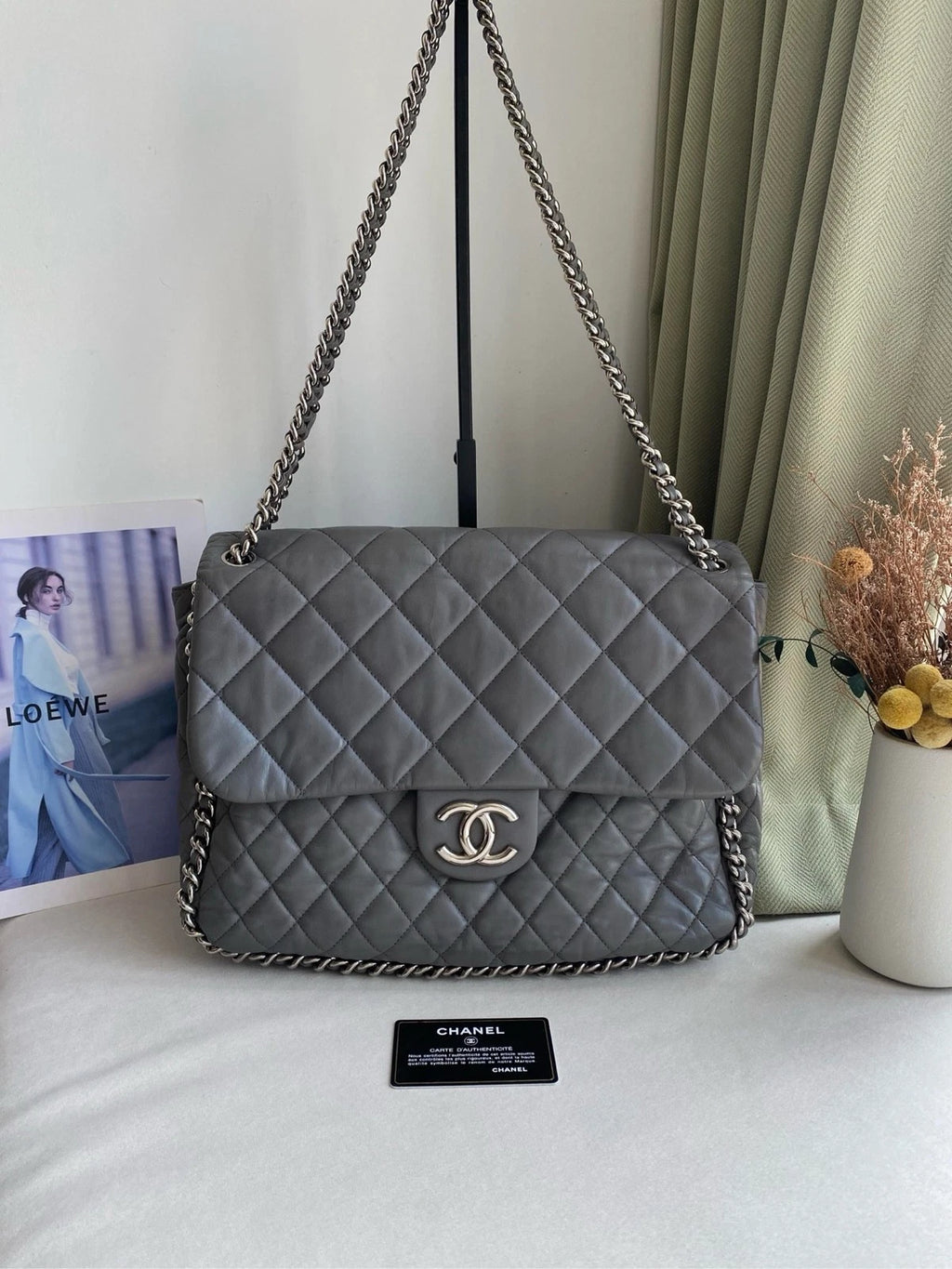 CHANEL Gray Silver Trim Chain Airport Tote Bag For Women