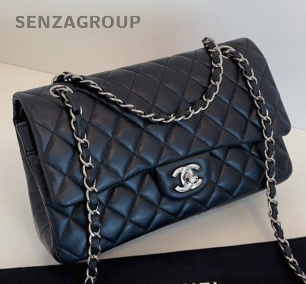 Chanel Classic Flap MM Lambskin Chain Shoulder Bag Crossbody Black Silver Women