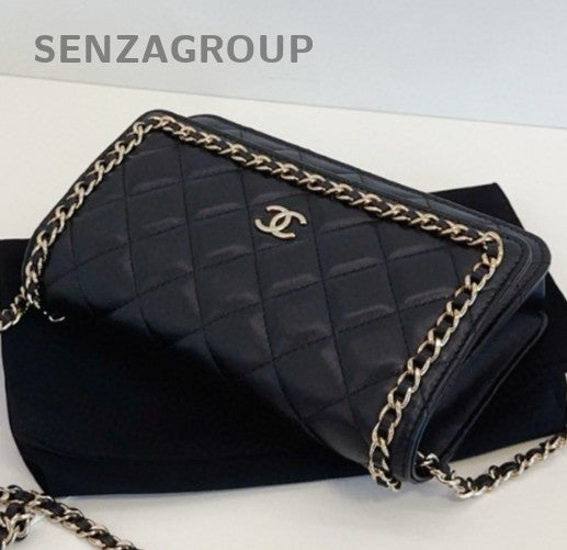 Chanel WOC Chain Shoulder Bag Crossbody Black Gold Diamond Women Classic