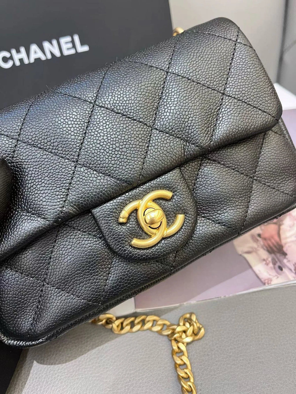 Chanel Calfskin Chain Shoulder Bag Crossbody Black Gold Diamond Women Classic
