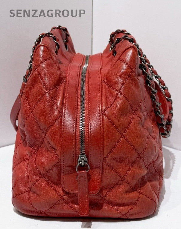 Chanel Diamond Pattern Chain Shoulder Bag Red Silver Used Women Classic Vintage
