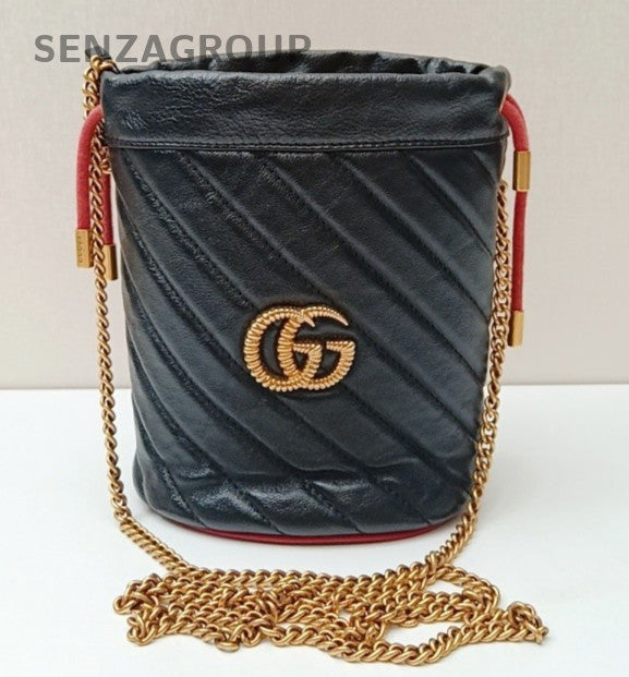 Gucci Marmont Bucket Chain Shoulder Bag Crossbody Black Gold Women Classic