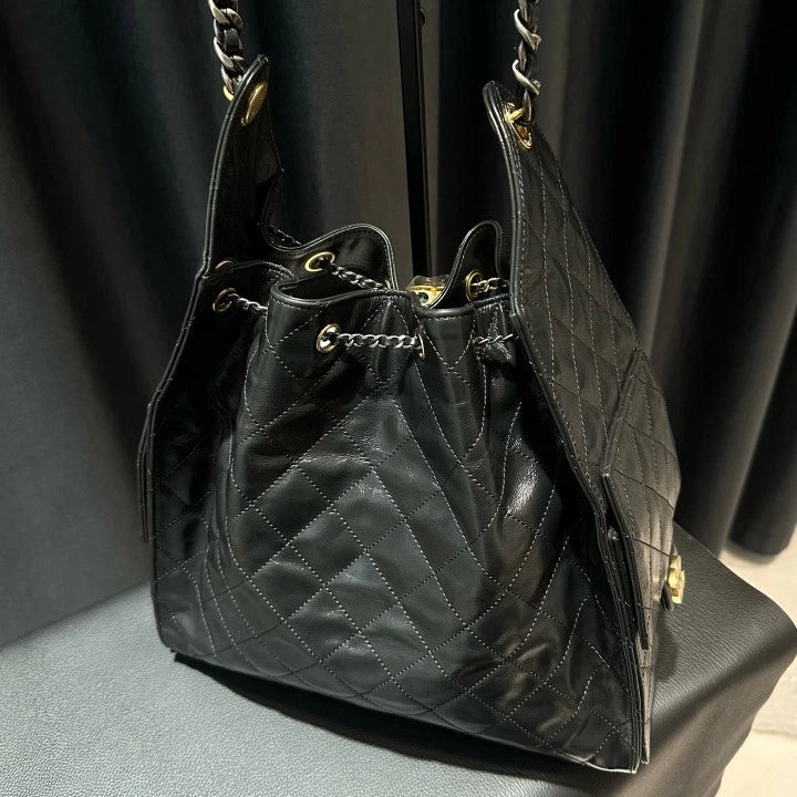 Chanel 25Bag MM Chain Calfskin Shoulder Bag Black Gold Hardware Women D