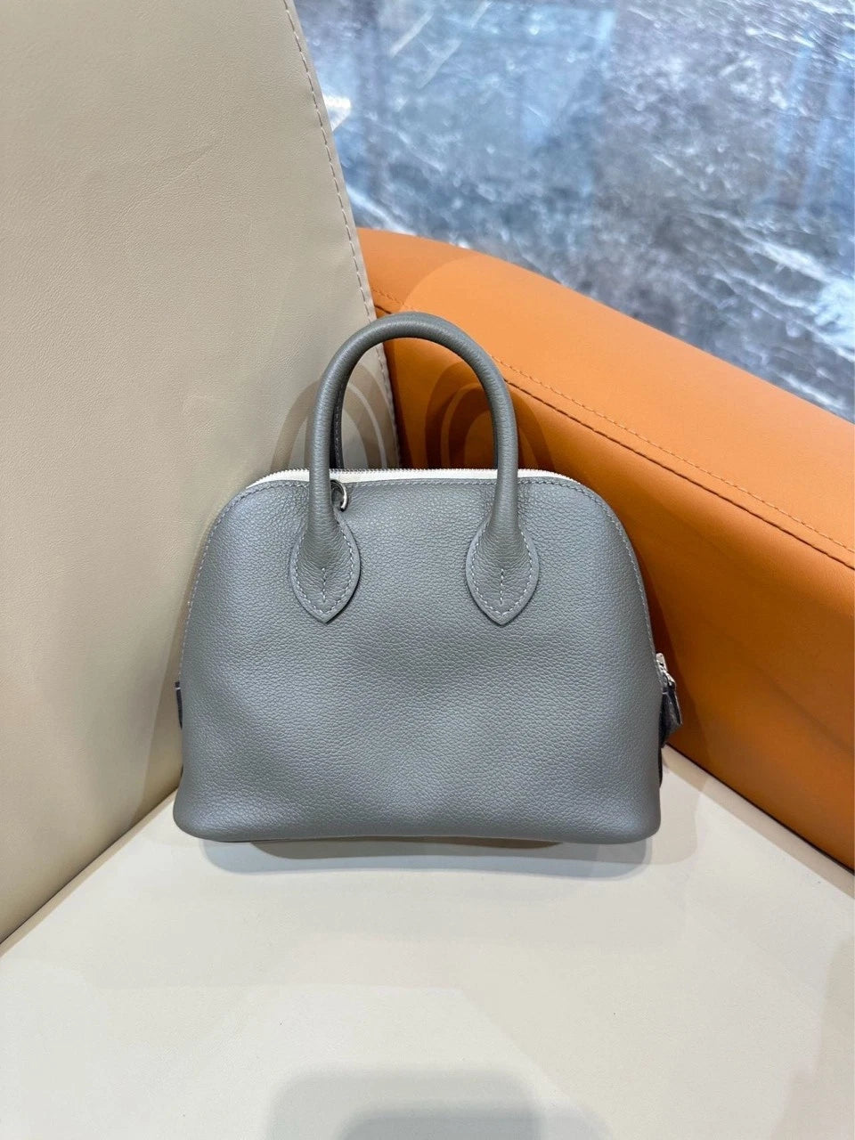 Hermes Mini Bolide Gray Leather Top Handle Bag For Women