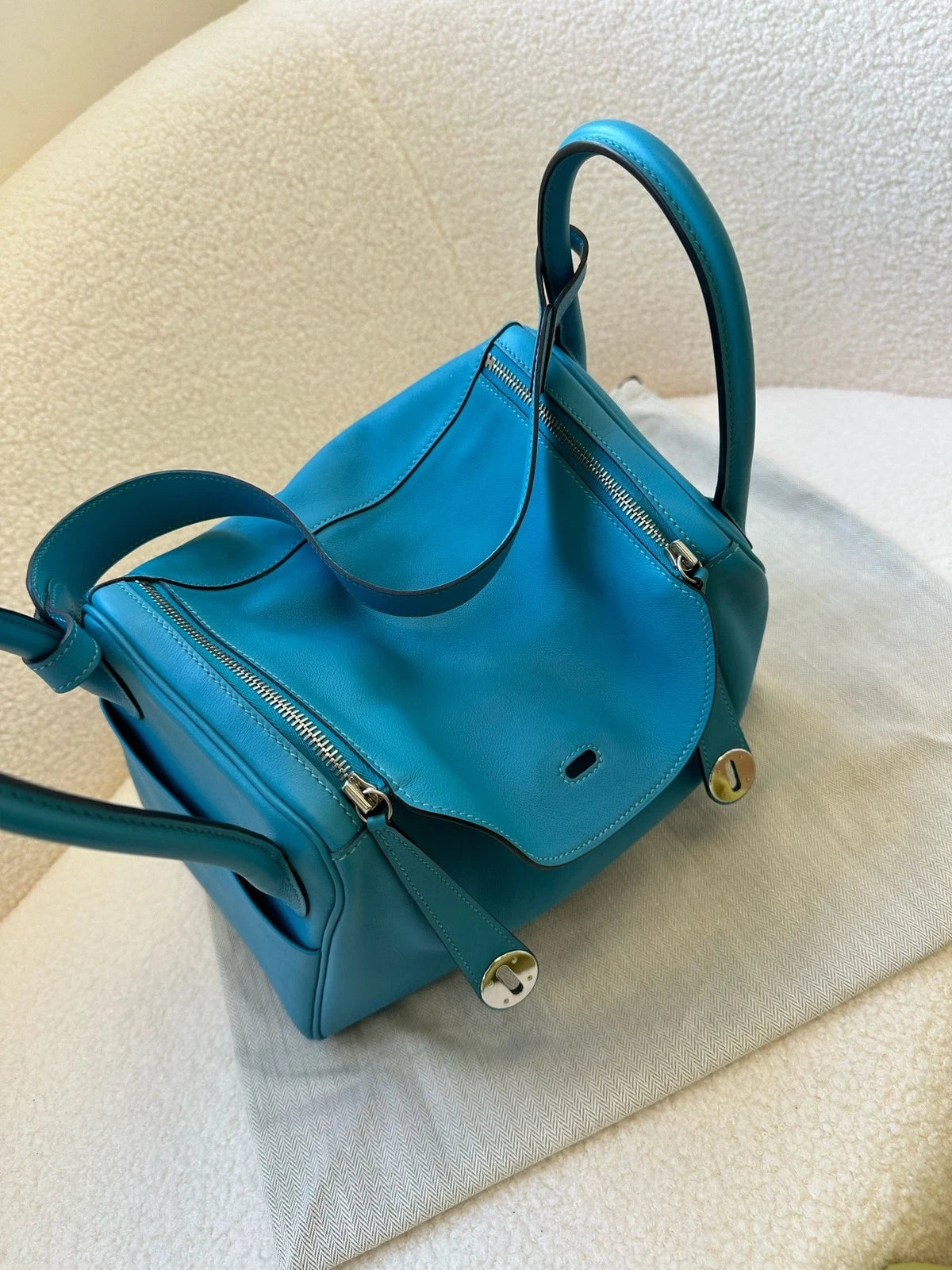 Hermes Lindy30 Blue Leather Silver Hardware Bag For Women
