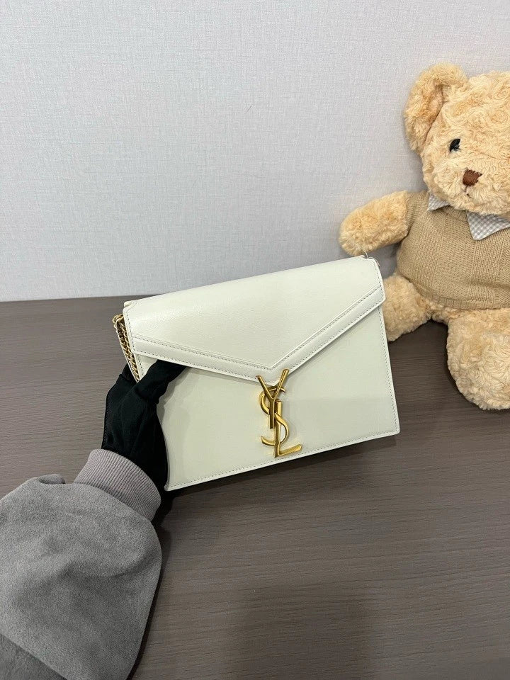 YSL Cassandra White Calfskin Gold Hardware Chain Shoulder Women