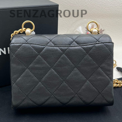 Chanel Classic Flap Black Gold Pearl Chain Shoulder Bag Quilted Women Fashion
