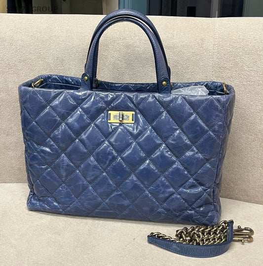 Chanel Diamond Tote Chain Shoulder Bag Top Handle Bag Blue Gold Women Classic