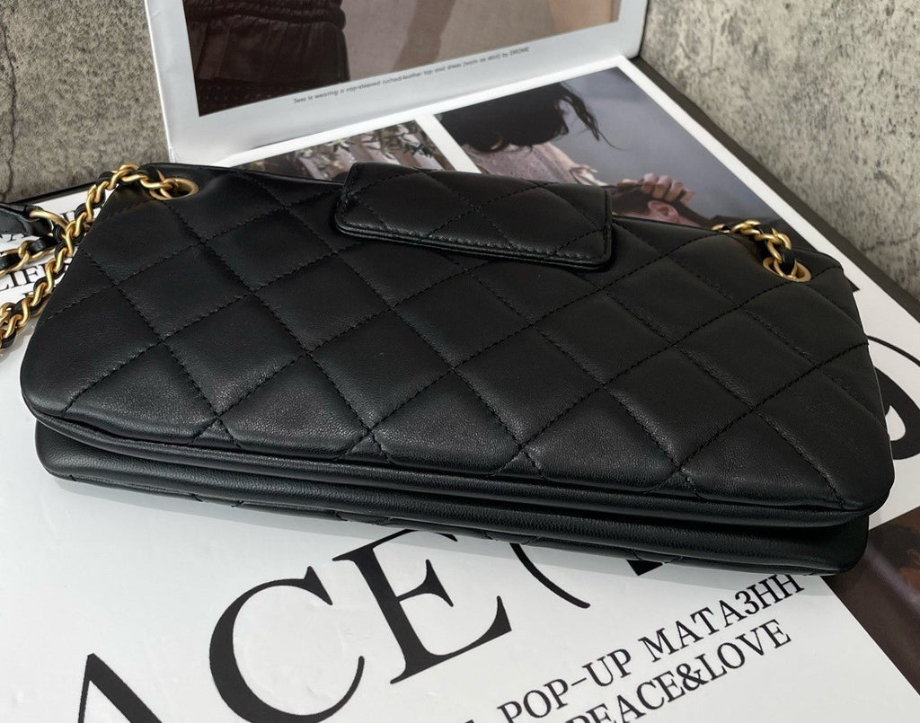 Chanel Classic Flap 24C Lambskin Chain Crossbody Shoulder Bag Black Gold Women