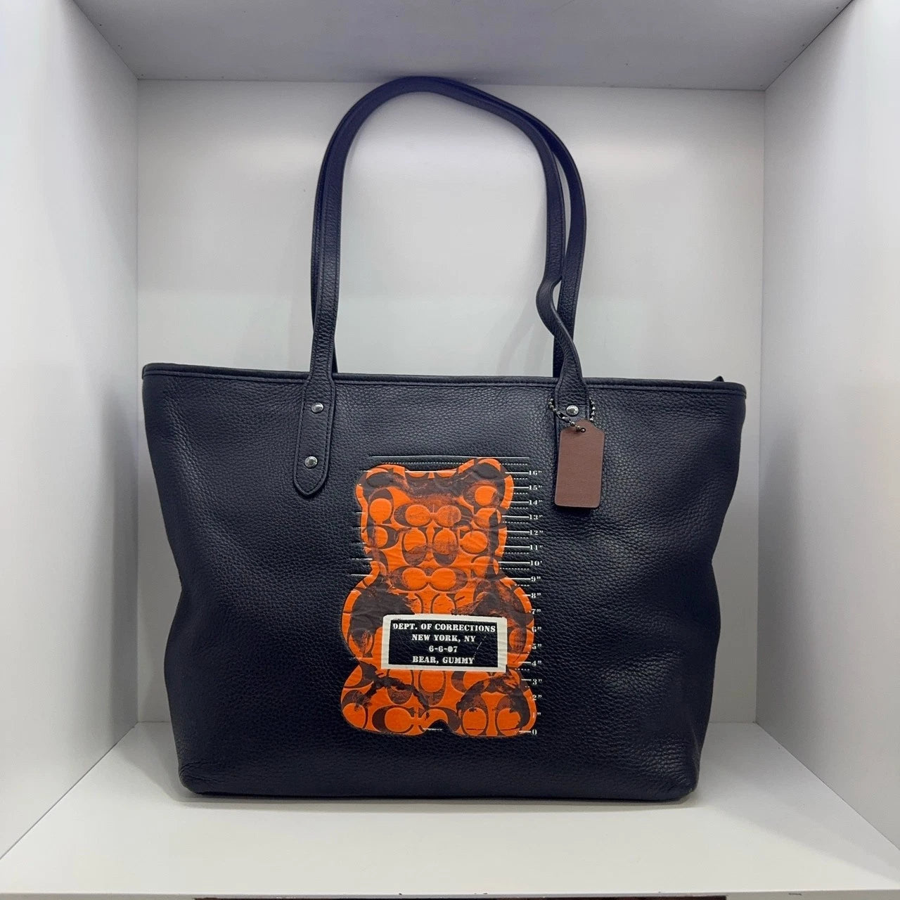Coach Bear Print Pebbled Leather Tote Shoulder Handbag for Women Black