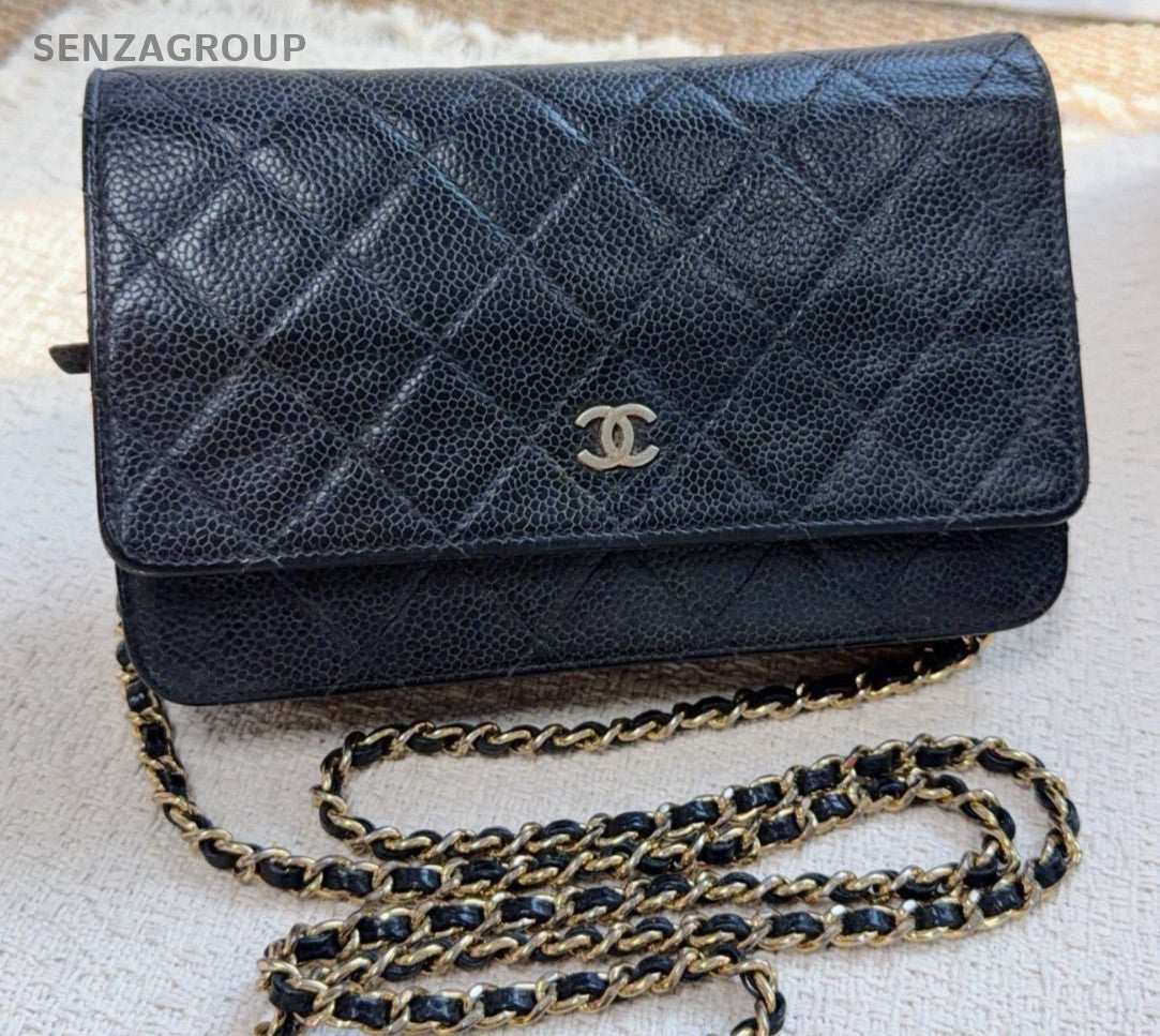Chanel WOC Diamond Chain Shoulder Bag Crossbody Black Gold Women Classic