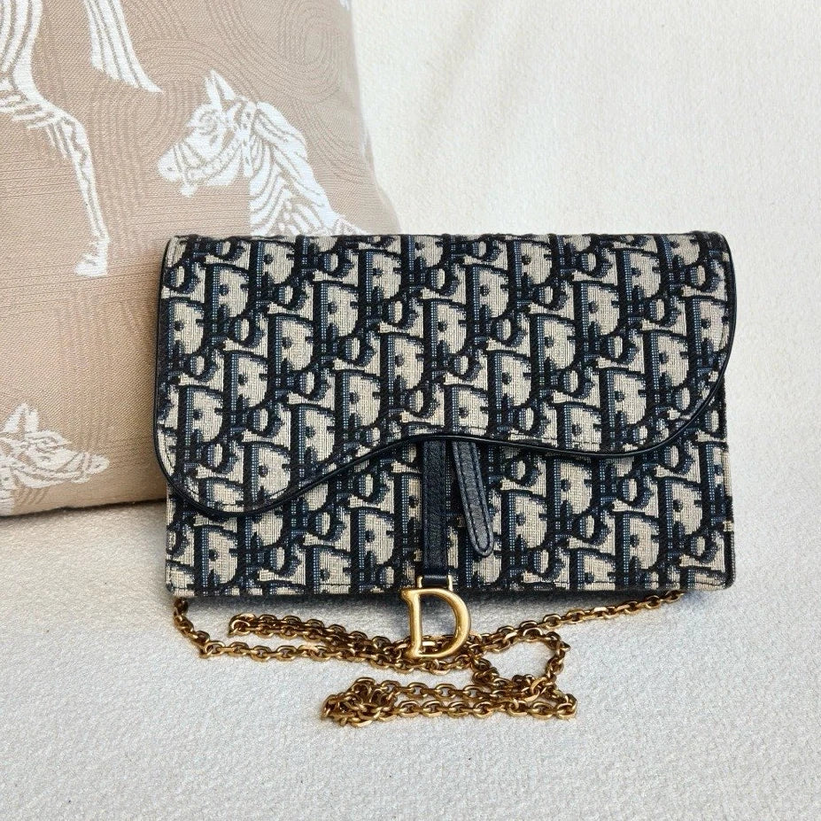 Christian Dior WOC Oblique GM Chain Shoulder Crossbody Blue Gold Women Classic
