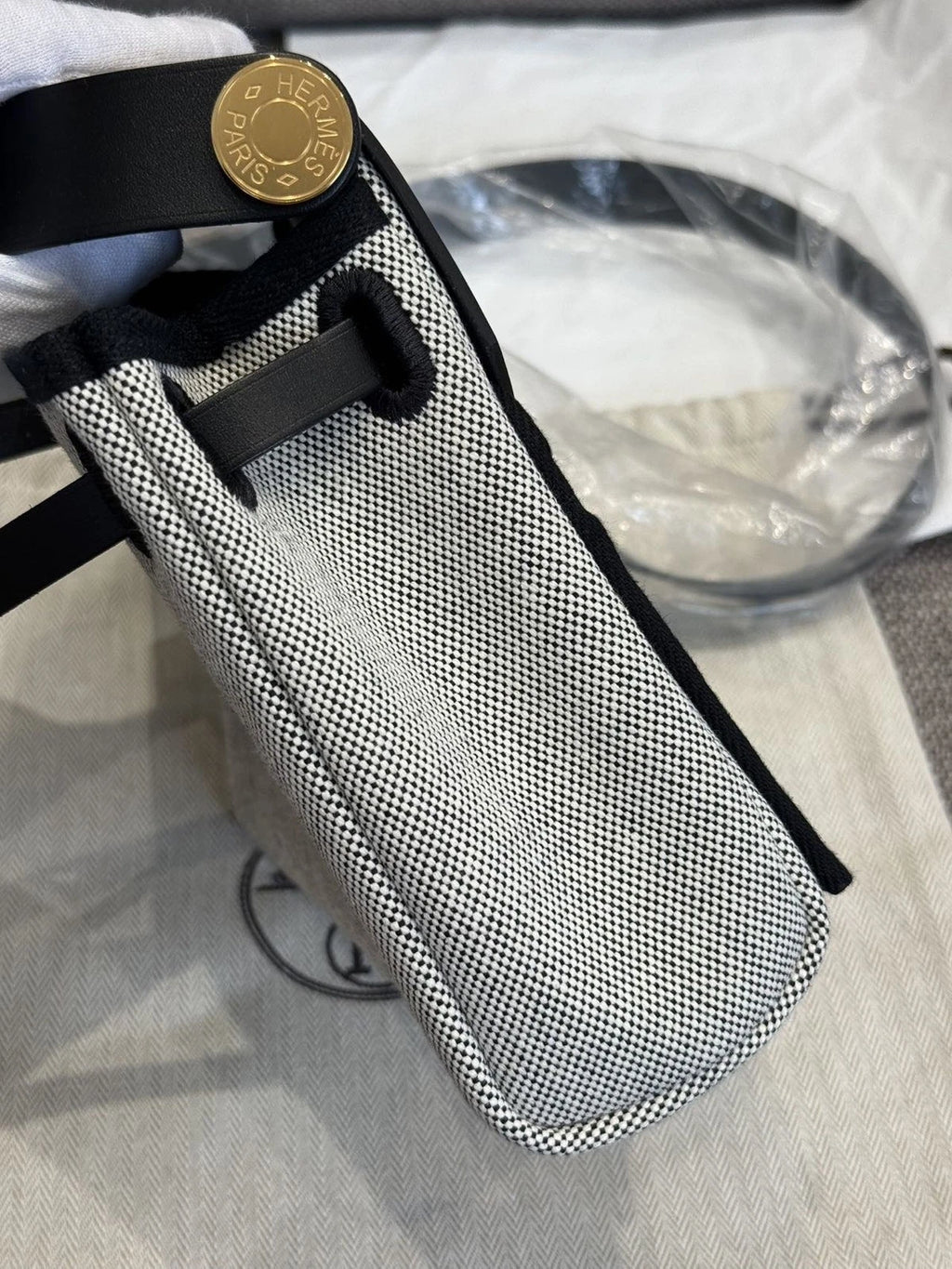 Hermes Mini Herbag Canvas Women's Tote Bag Black White