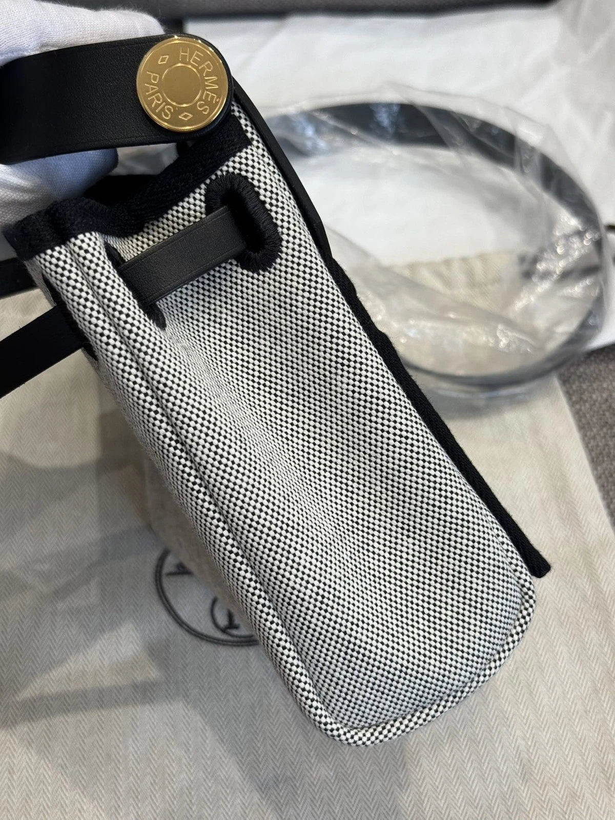 Hermes Mini Herbag Canvas Women's Tote Bag Black White