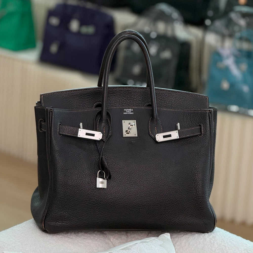 Authentic Hermes Birkin 35 Ebene Brown Water Buffalo Leather Top Handle Bag SHD