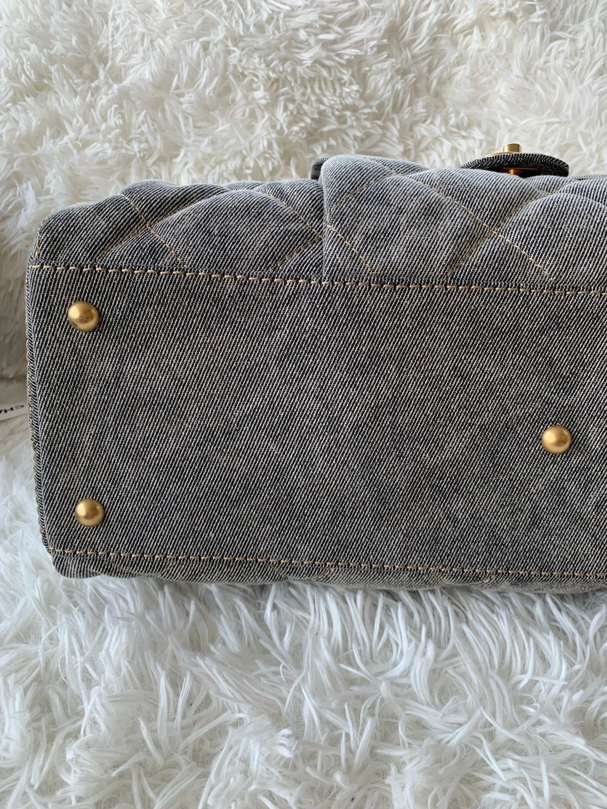 Chanel Distressed Grey Denim Maxi Bowling Bag For Women