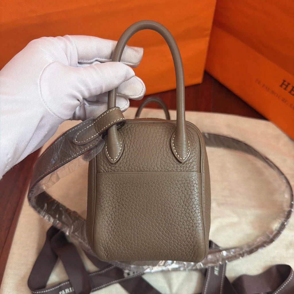 Hermes Lindy Mini TC Leather Top Handle Bag Shoulder Bag Gray Silver Women
