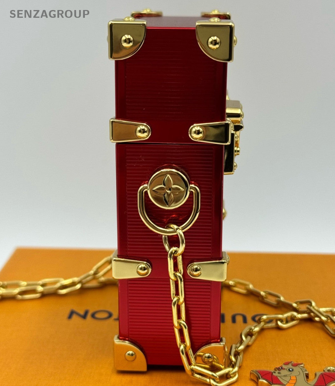 Louis Vuitton Monogram Chain Box Crossbody Brown Red Gold Used Women Fashion