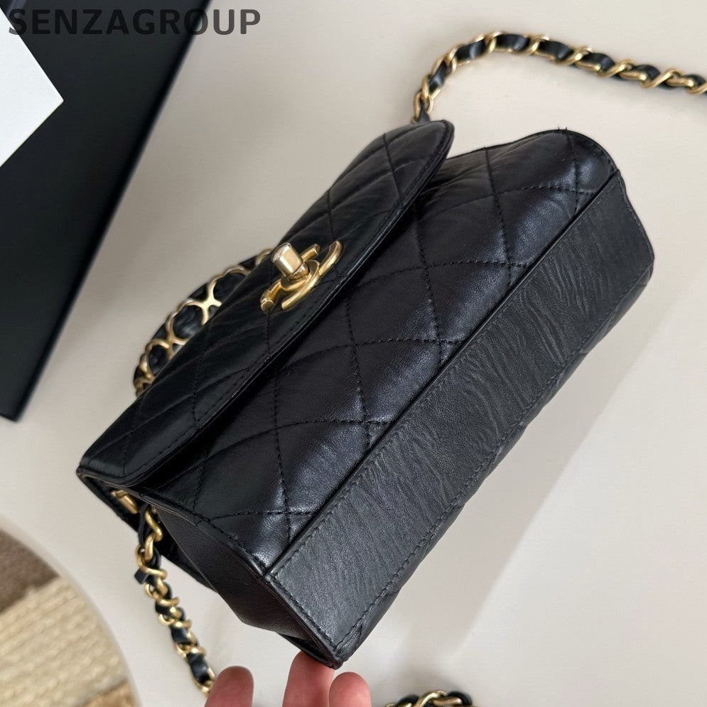 Chanel Kelly Diamond Chain Top Handle Crossbody Black Gold Women Classic