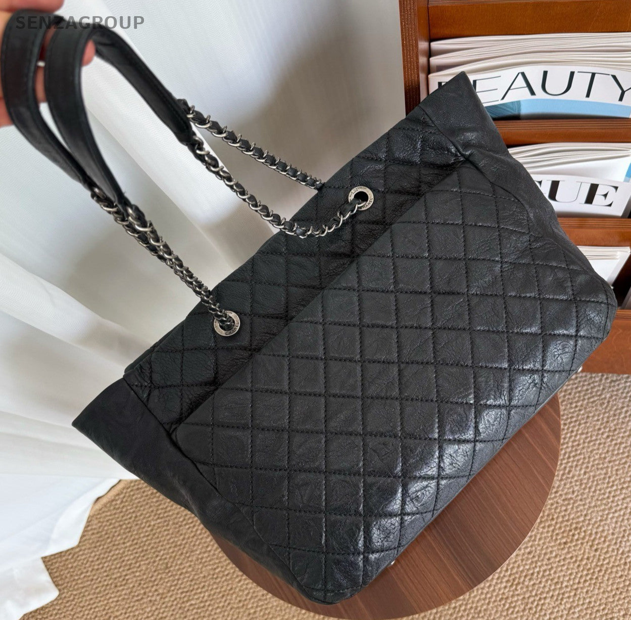 CHANEL Classic Flap Tote Calfskin Chain Shoulder bag Black Silver Women Handbag