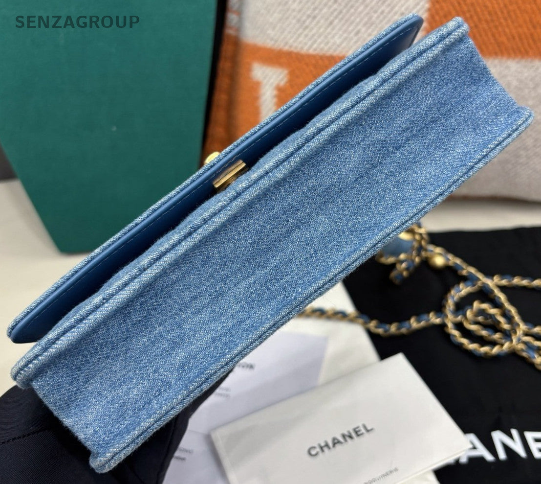 Chanel WOC Denim Chain Shoulder Bag Crossbody Diamond Blue Gold Women Classic