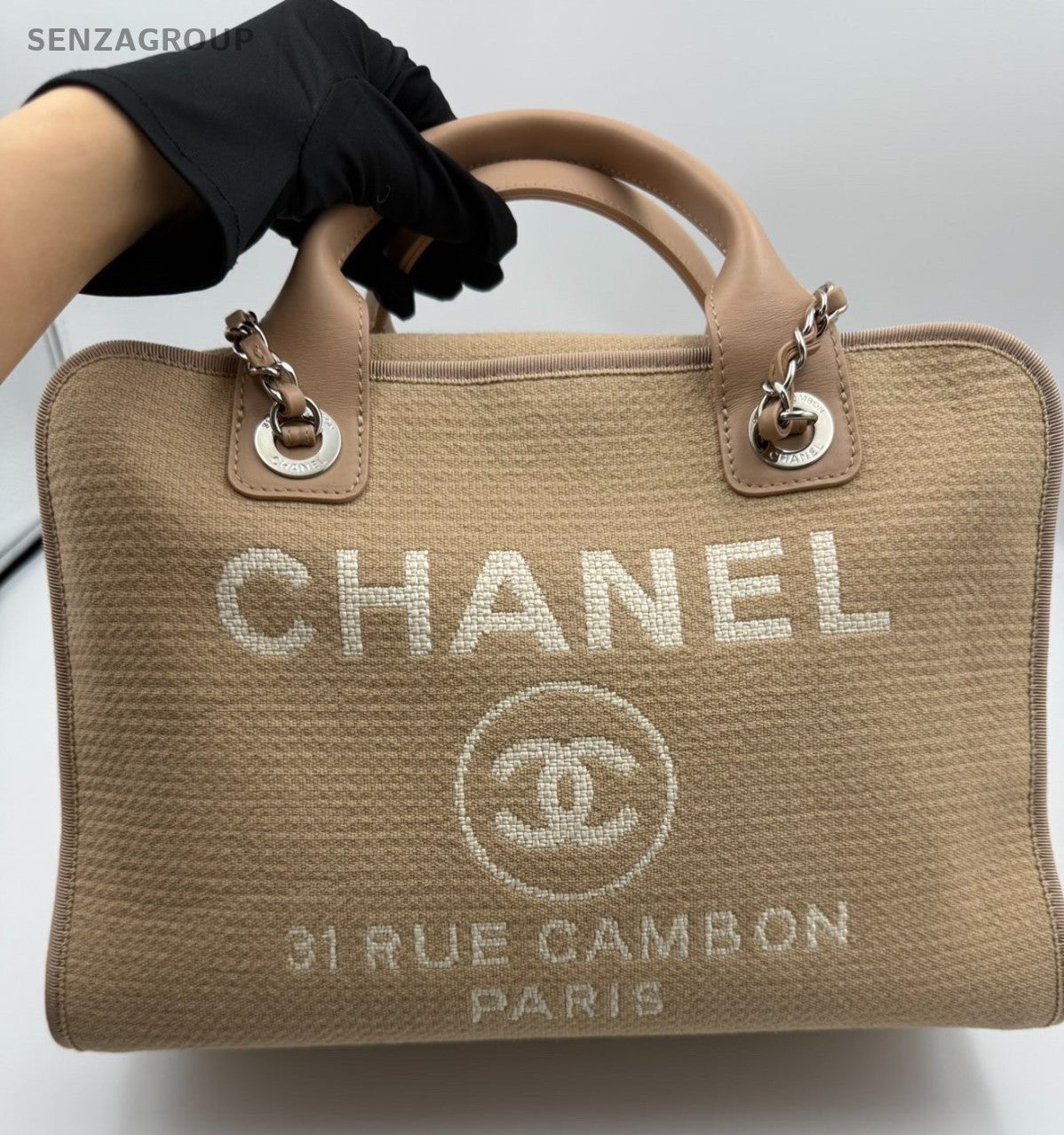 Chanel Canvas Beach Bag Top Handle Bag Chain Shoulder Bag Beige Silver Women