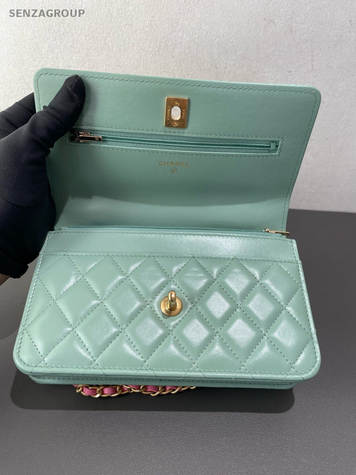 Chanel WOC Diamond Rainbow Chain Top Handle Bag Crossbody Green Gold Women