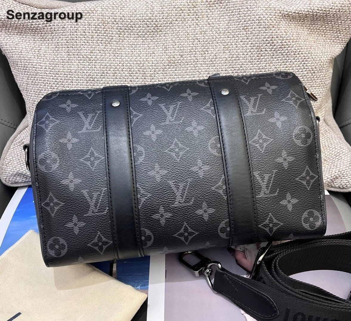 Louis Vuitton Keepall27 Monogram Shoulder Crossbody Black Silver Unisex Adults