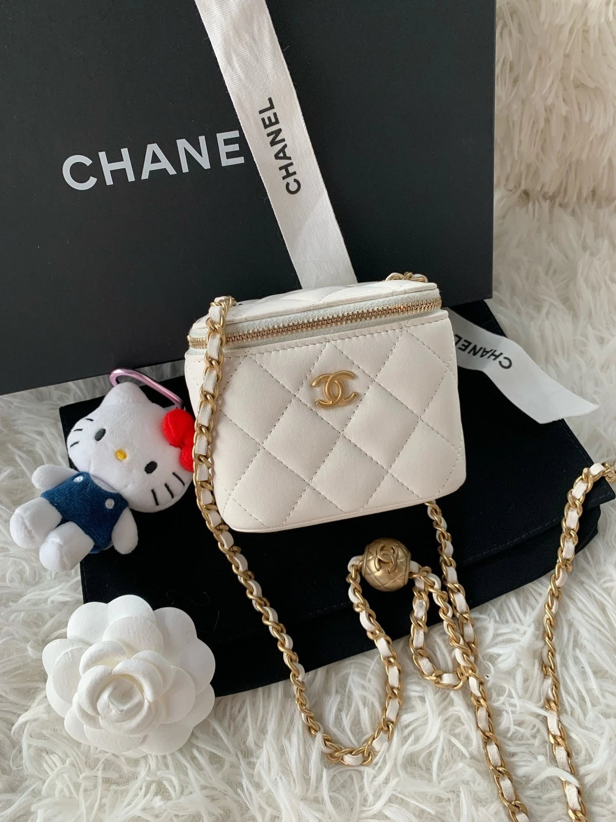 CHANEL White Lambskin Gold Ball Mini Box Crossbody Bag For Women