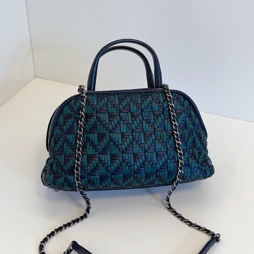 Chanel Bolide PM Calfskin Top Handle Crossbody Green Navy Silver Women Classic