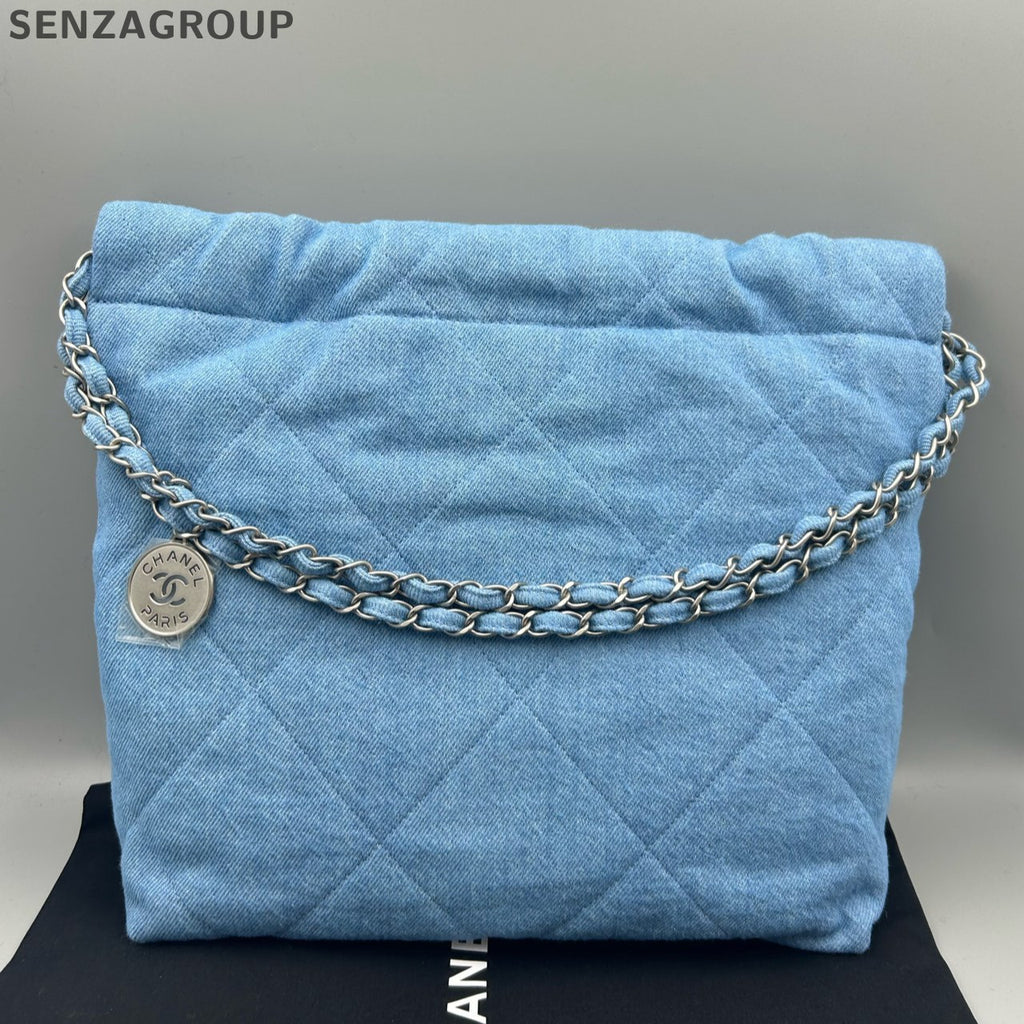 Chanel 22 Bag Denim Small Blue Silver Chain Crossbody Shoulder Bag