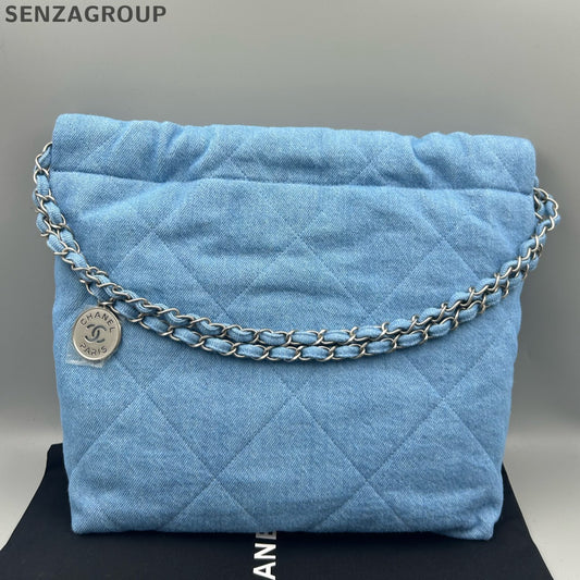 Chanel 22 Bag Denim Small Blue Silver Chain Crossbody Shoulder Bag