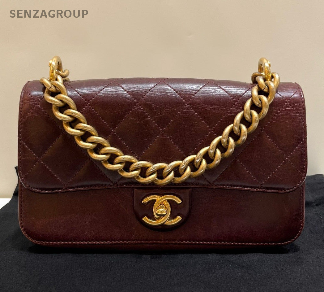 Chanel Classic Flap Chain Calfskin Diamond Shoulder Bag Red Gold Women Fashion