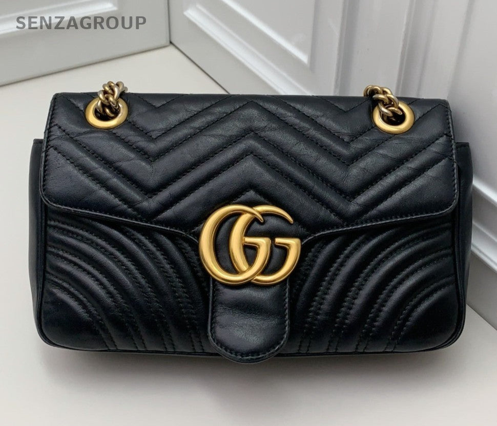 Gucci Marmont26 Chain Shoulder Bag Crossbody Black Gold Used Women Classic